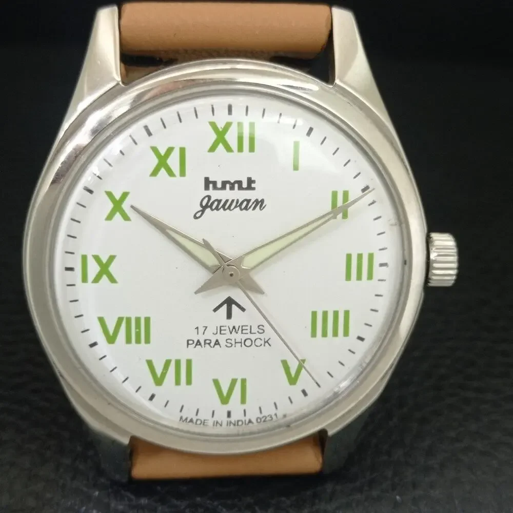 Vintage 1974 HMT Manual Wound Mens Silver Watch & Green accents